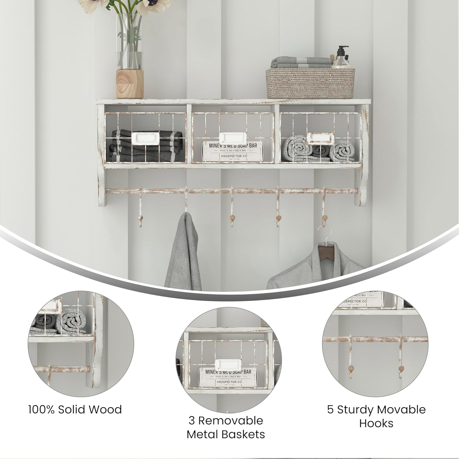 Flash Furniture Daly Wall Mounted Solid Pine Storage Rack