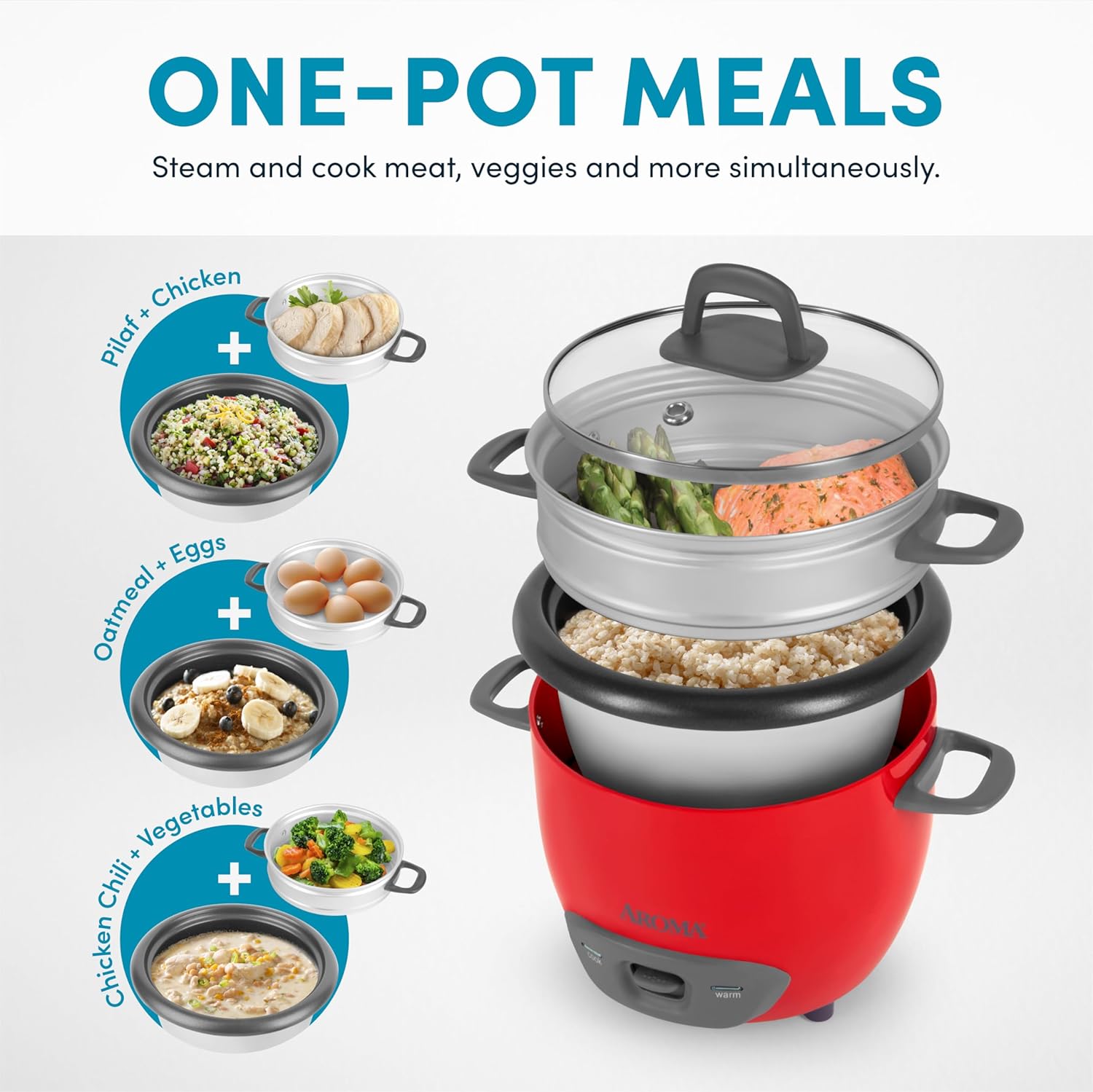 Aroma Housewares ARC-743-1NGR 6-Cup (Cooked) (3-Cup UNCOOKED) Pot Style Rice Cooker and Food Steamer,Red Red Steamer