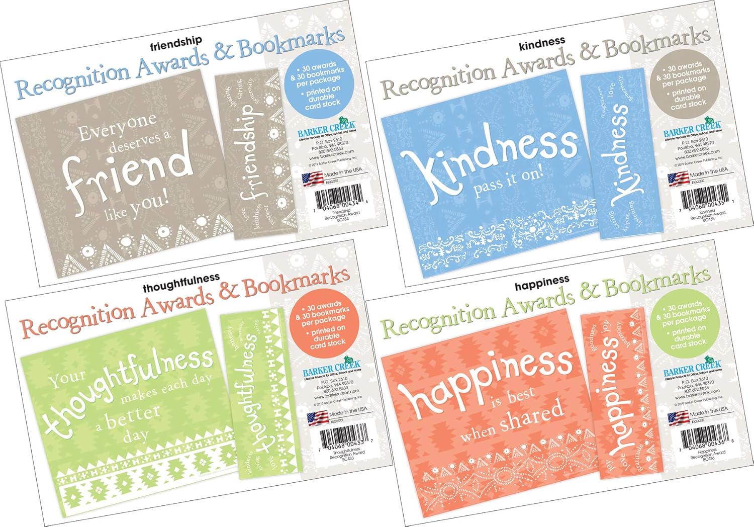 Barker Creek Award & Bookmark Set, Encourage Thoughtfulness, Mixed-Design, 120 Awards (30 Each of 4 Designs)
