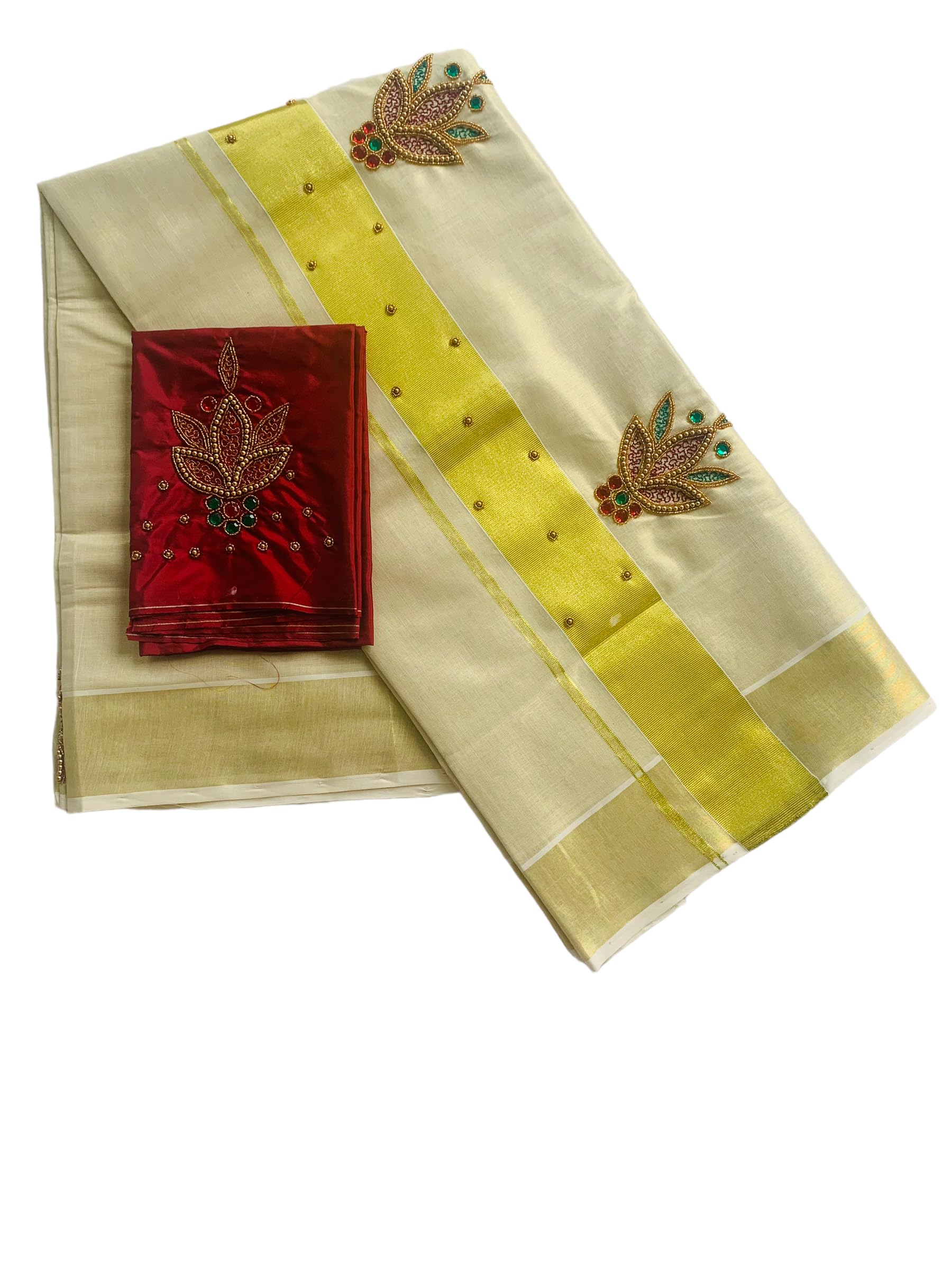 Women's Tissue Kuthampully Kerala Kasavu Saree Tssue | Traditional South Indian Saree | Designer Indian Saree | Onam Saree - Ekm-810 (Maroon)