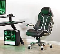 OSP Home Furnishings Xplorer 51 Ergonomic Adjustable High Back Gaming Chair with Lumbar Support and Padded Flip Arms, Black Faux Leather with White Trim