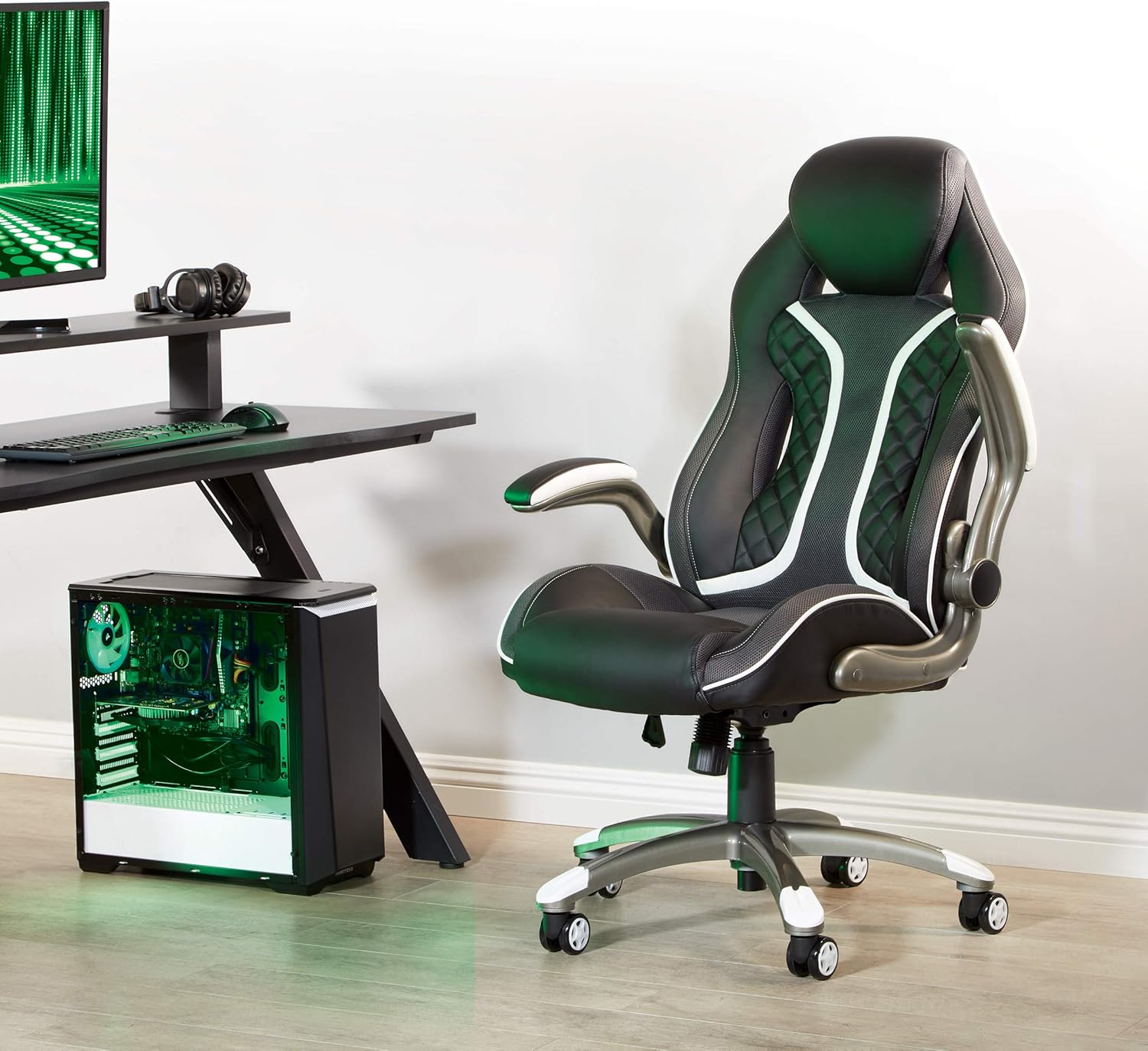 OSP Home Furnishings Xplorer 51 Ergonomic Adjustable High Back Gaming Chair with Lumbar Support and Padded Flip Arms