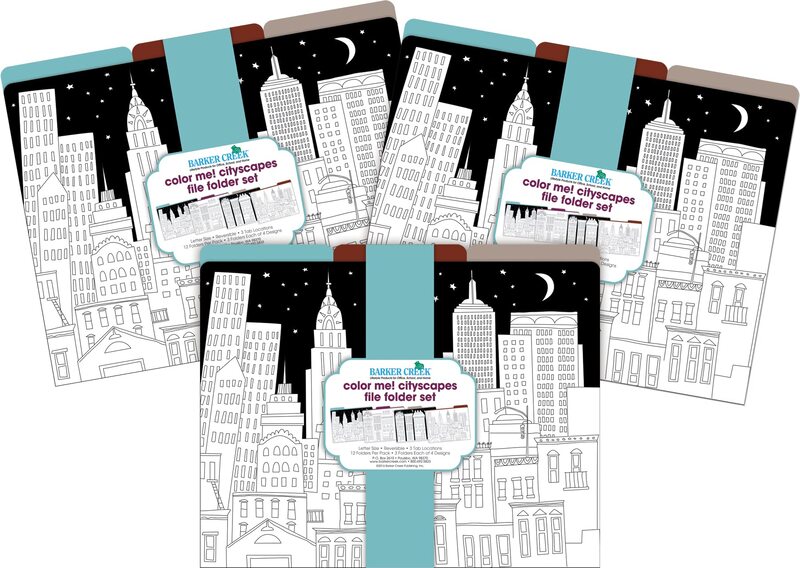 Barker Creek Designer File Folders Set of 36, Color Me! Cityscapes, Multi-Design Set, Adult Coloring Book Style, Solid Colors on Inside, Letter-Size, 1/3 Cut Tabs, 36 Folders in Set (3939)