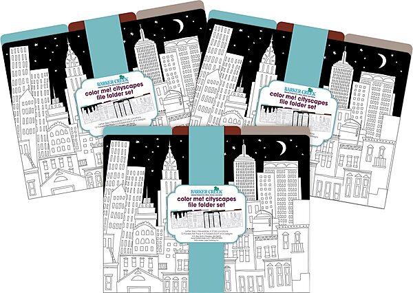 Barker Creek Designer File Folders Set of 36, Color Me! Cityscapes, Multi-Design Set, Adult Coloring Book Style, Solid Colors on Inside, Letter-Size, 1/3 Cut Tabs, 36 Folders in Set (3939)