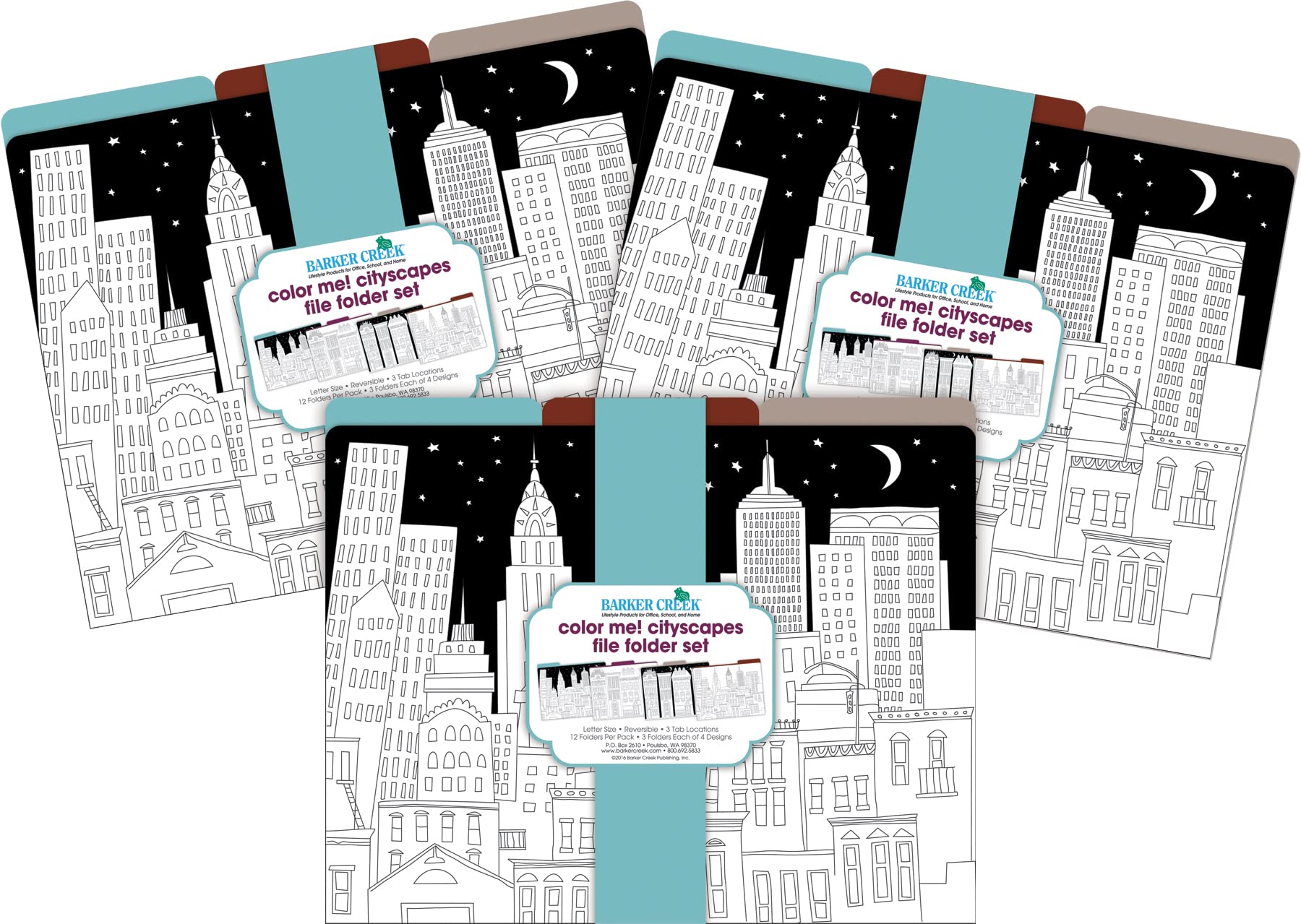 Barker Creek Designer File Folders Set of 36, Color Me! Cityscapes, Multi-Design Set, Adult Coloring Book Style