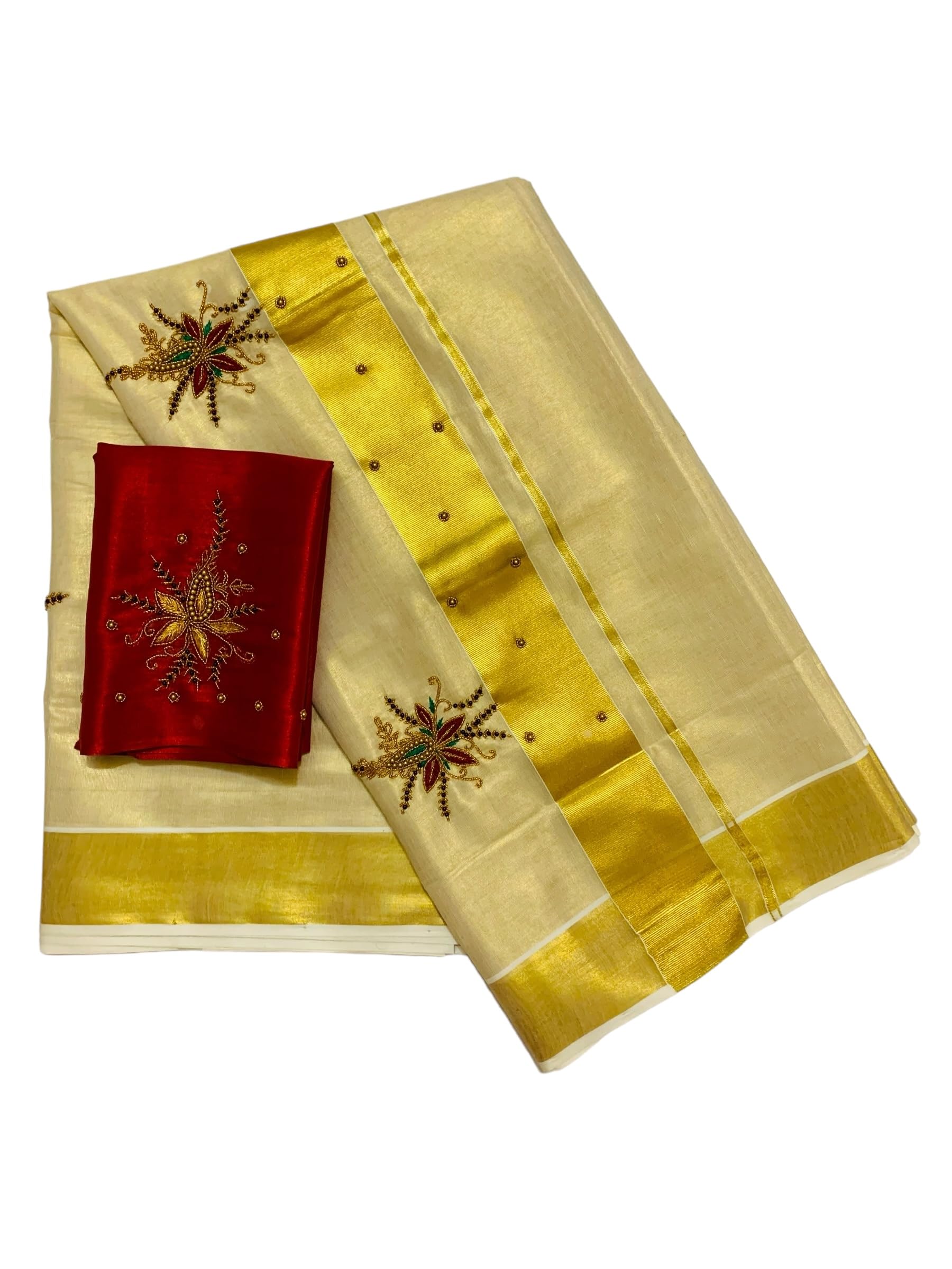 Kuthampully Kerala Kasavu Sarees For Women | Handcrafted Aari work Kerala Sarees | Tissue Onam Saree With Running Blouse | South Indian Sarees | Onam Saree EKM-835 (Maroon)