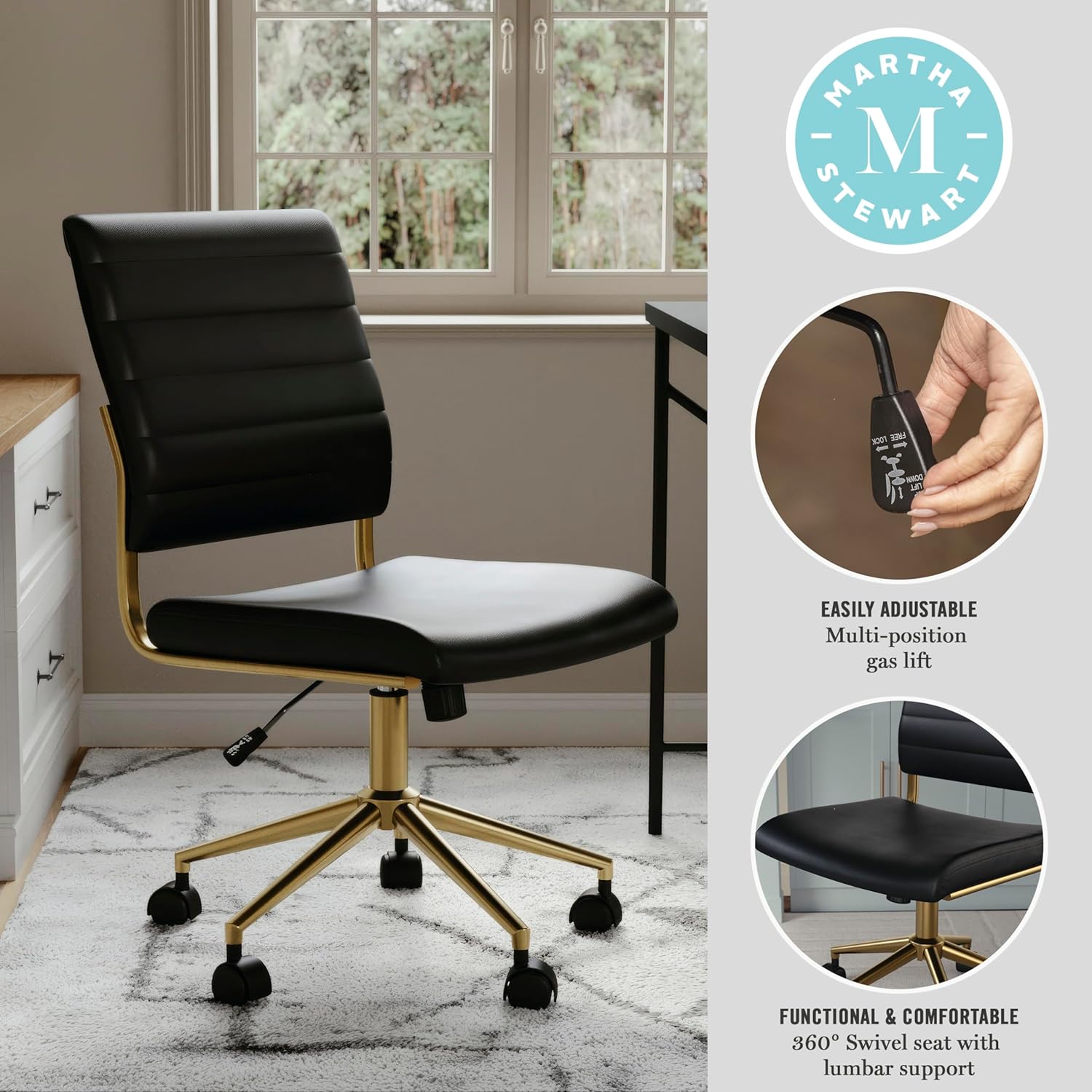 Martha Stewart Ivy Armless Swivel Task Chair in Faux Leather with Polished Brass Frame