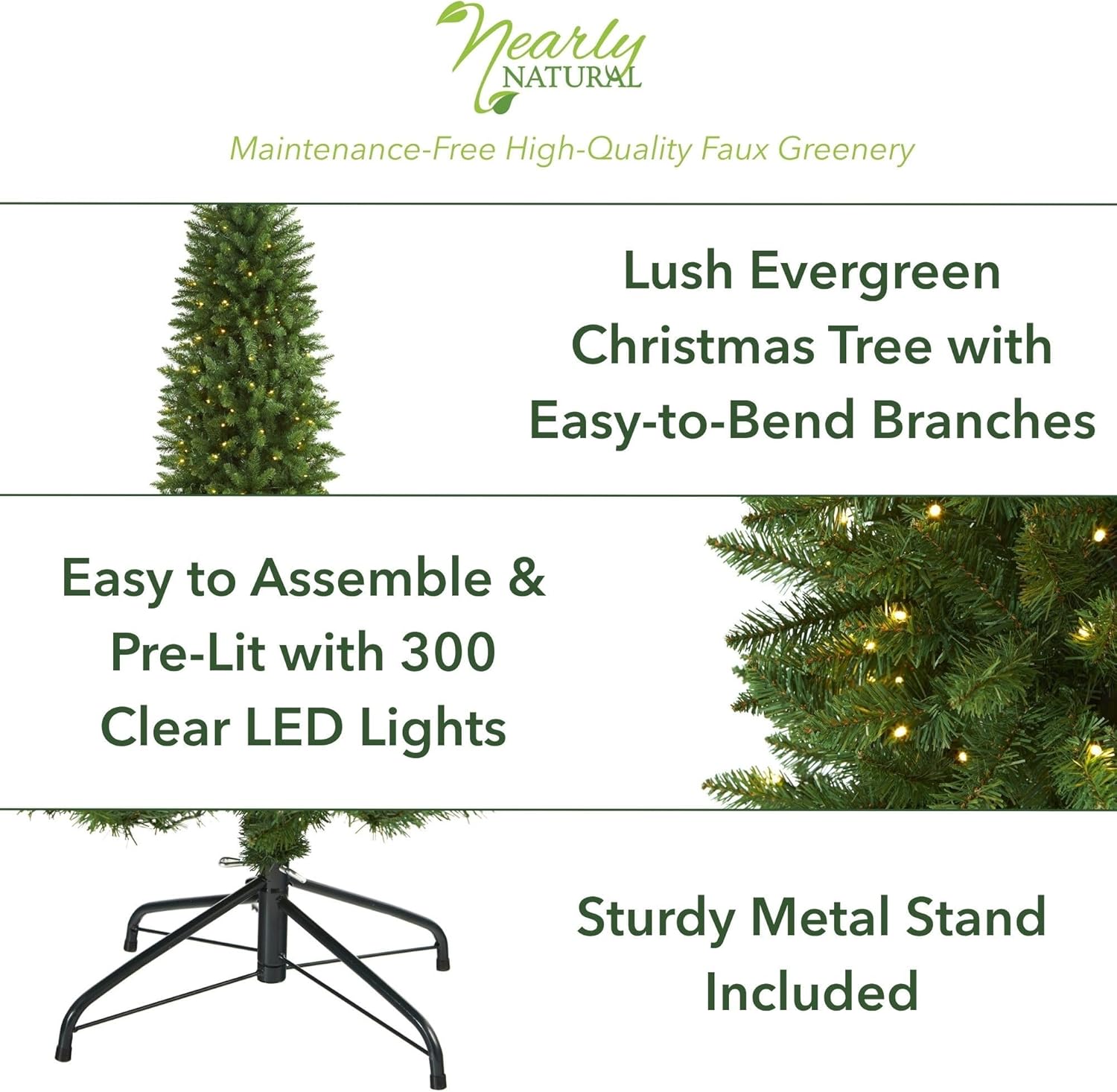 Nearly Natural 6.5ft. Slim Green Mountain Pine Artificial Christmas Tree with 300 Clear LED Lights 6ft 6in Green