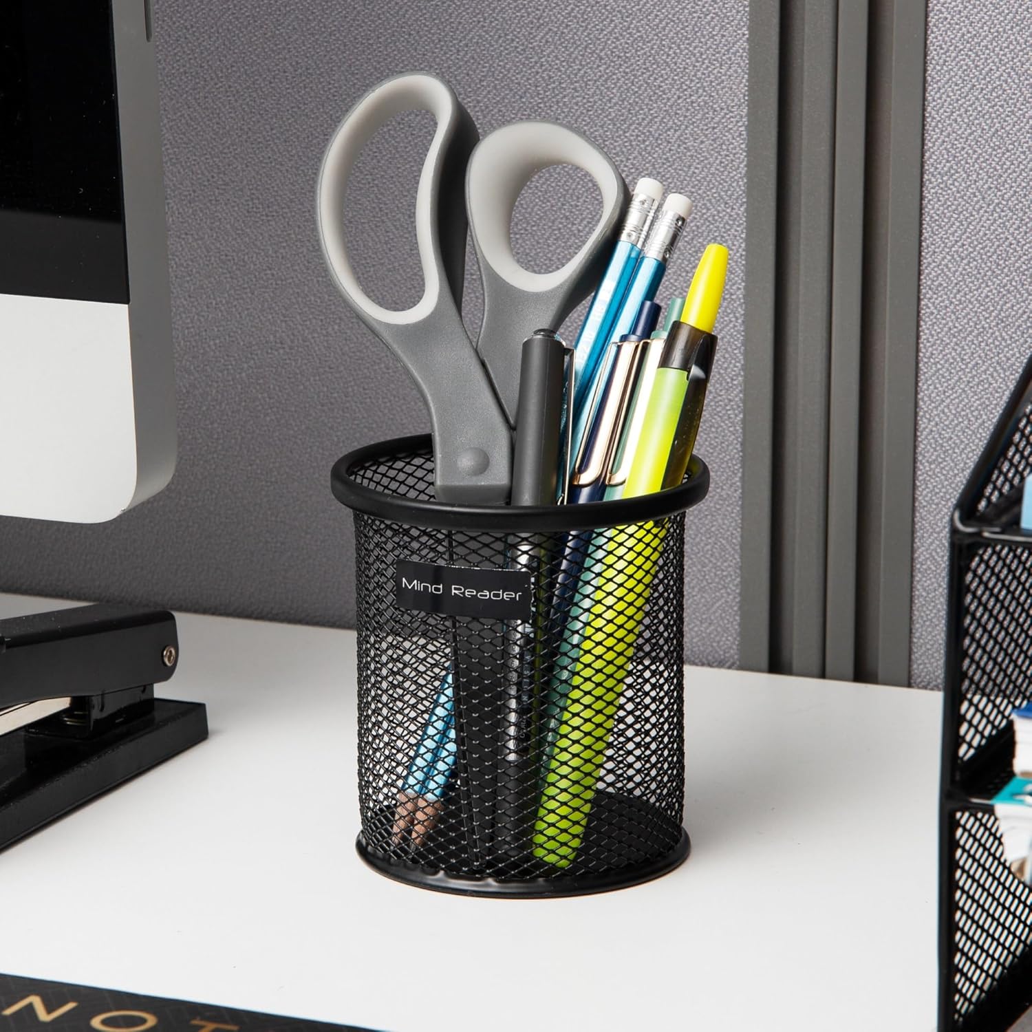 Mind Reader Pen and Accessories Holder, Desktop Organizer, Office, Metal Mesh, 3.5" L x 3.5" W x 3.75" H, Set of 3, Black
