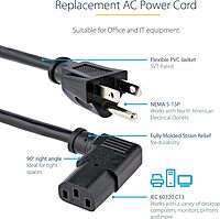 StarTech.com Computer Power Cord NEMA 5-15P to IEC C13 18AWG 125V 10A