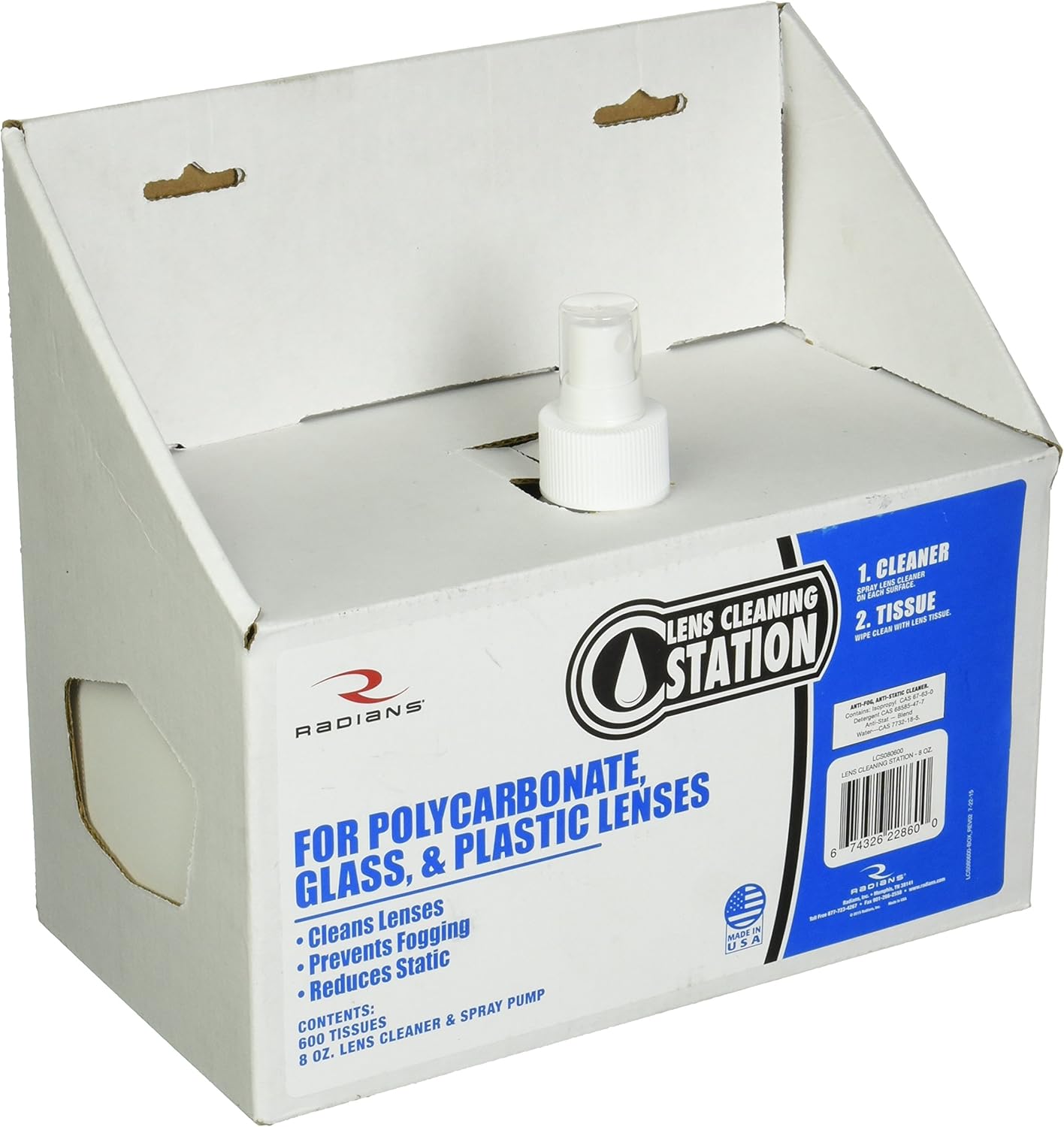 Radians LCS080600 Silicone Free Glass or Plastic Lens Cleaning Station Solution with Tissues