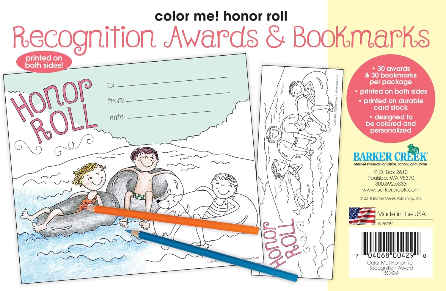 BARKER CREEK Recognition Awards and Bookmarks, Color Me Honor Roll, 30 Double-Sided Awards and 30 Double-Sided Bookmarks