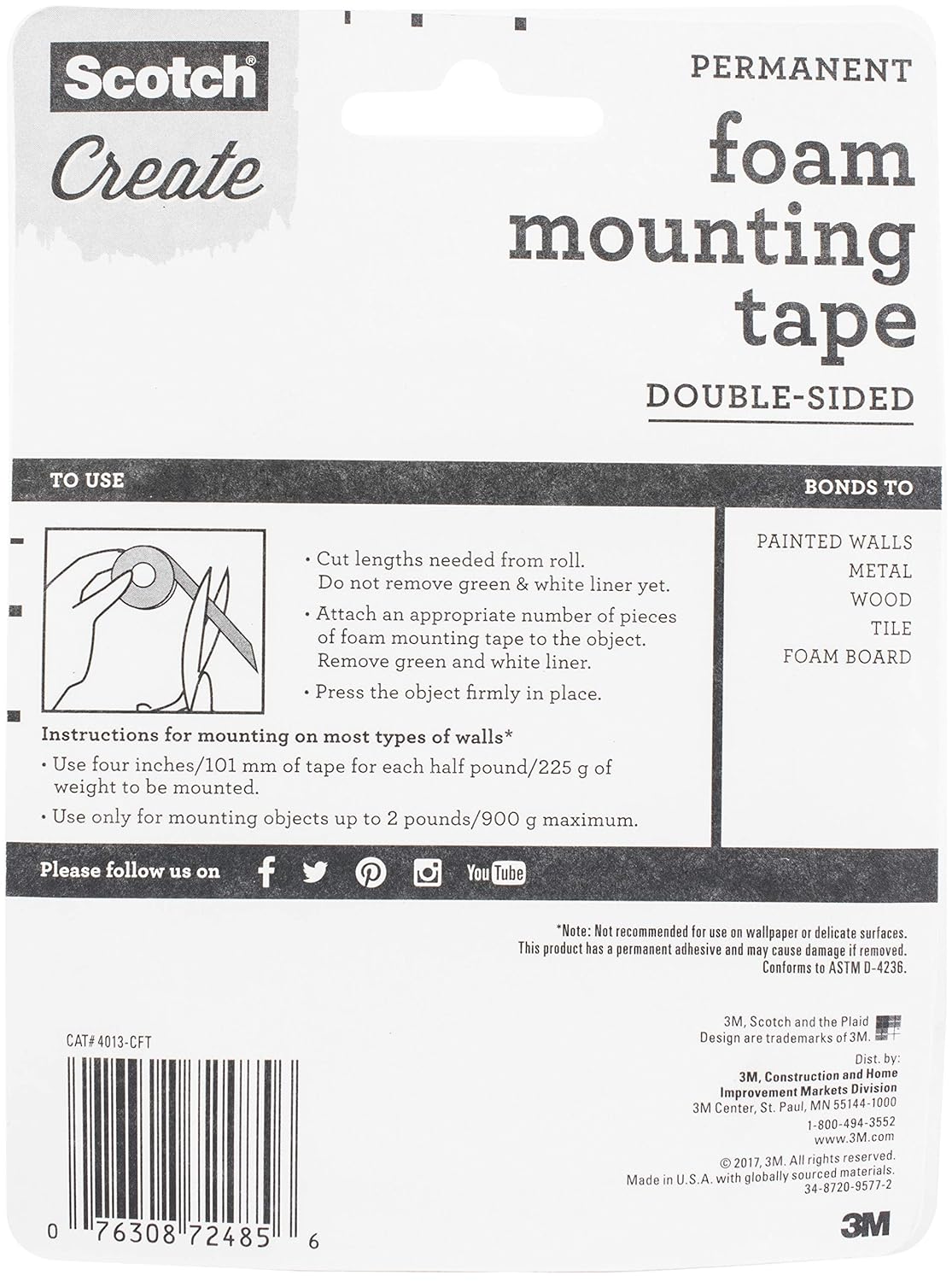 Scotch Foam Mounting Tape, 1/2-in x 150-in, White, 1-Roll