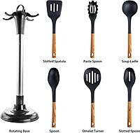 Megachef Nylon Tool Cookware Utensil Set, 7 Piece, Black and Wood Texture