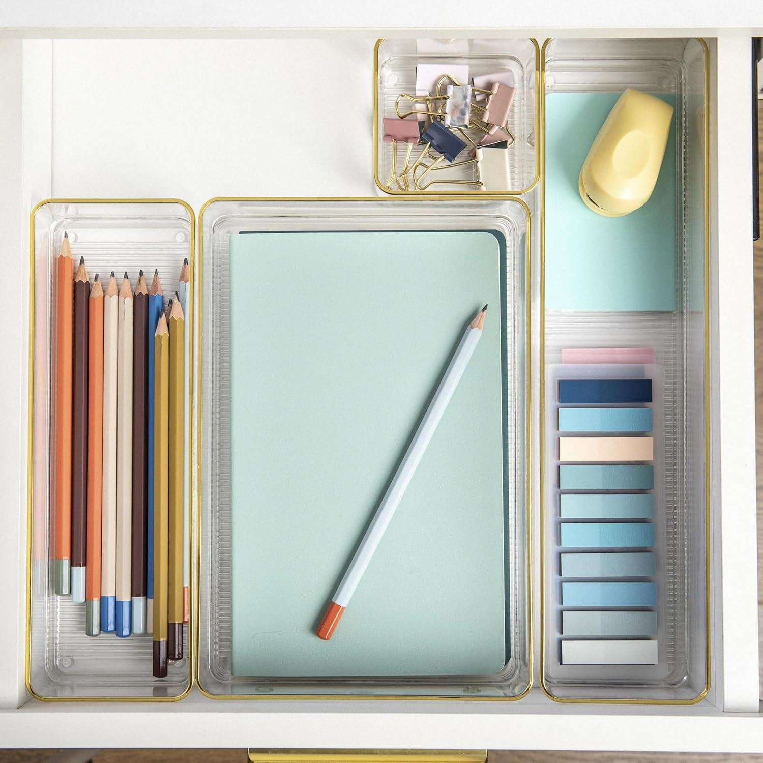 MARTHA STEWART Kerry Plastic Stackable Office Desk Drawer Organizers with Gold Trim