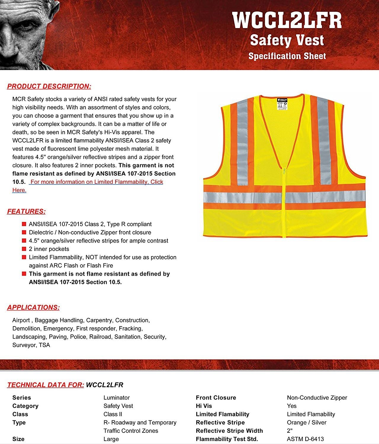 MCR Safety WCCL2 Class 2 Polyester Mesh Flame Resistant Safety Vest, Fluorescent Lime