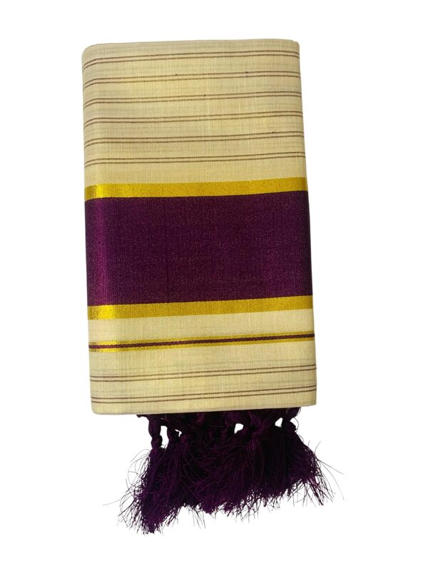 Women's Kuthampully Kerala Kasavu Set mundu Tissue with Kunjam | Kerala Tissue set mundu latest collections | Kuthampully Stripe Kasavu set mundu - Multi Color KTM-901 (Wine Red)