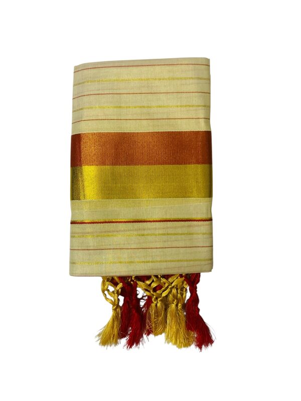 Women's Kuthampully Kerala Kasavu Set mundu Tissue with Kunjam | Kerala Tissue set mundu latest collections | Kuthampully Stripe Kasavu set mundu - Multi color KTM-902 (Copper-Gold)