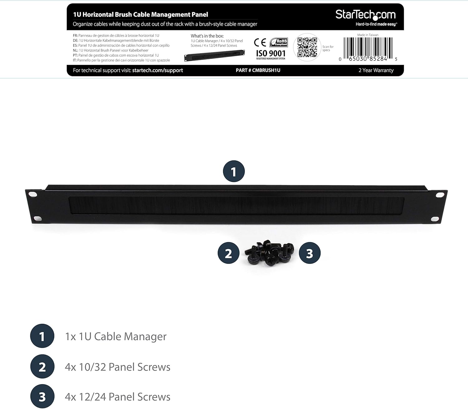 StarTech.com 1U High-density Brush Strip Cable Management Panel, Sturdy Steel Horizontal Data Centre Cable Organizer