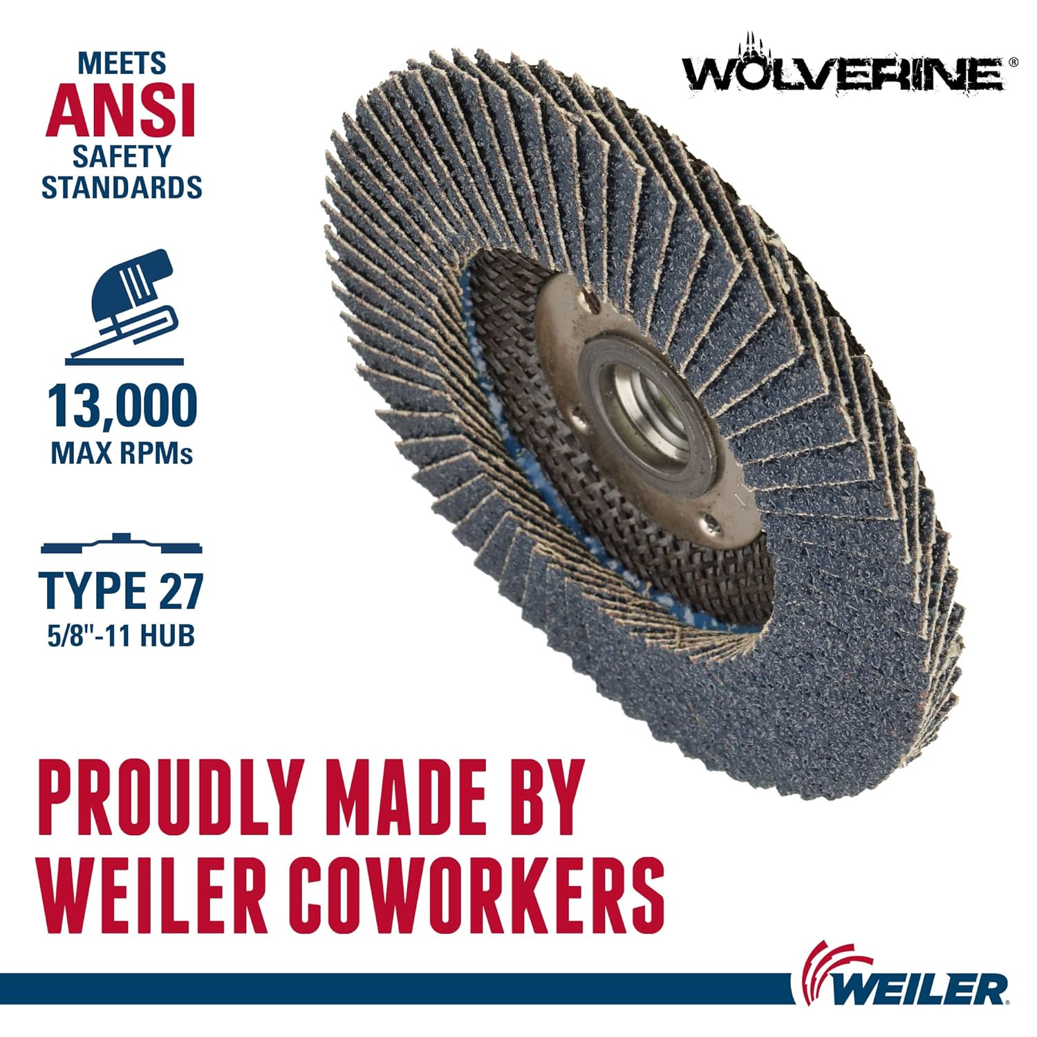 Weiler 31408 Wolverine 4-1/2" x 5/8"-11 UNC NUT Abrasive Flap Disc, 40 Grit Zirconia Alumina, Flat Type 27, Phenolic Backing