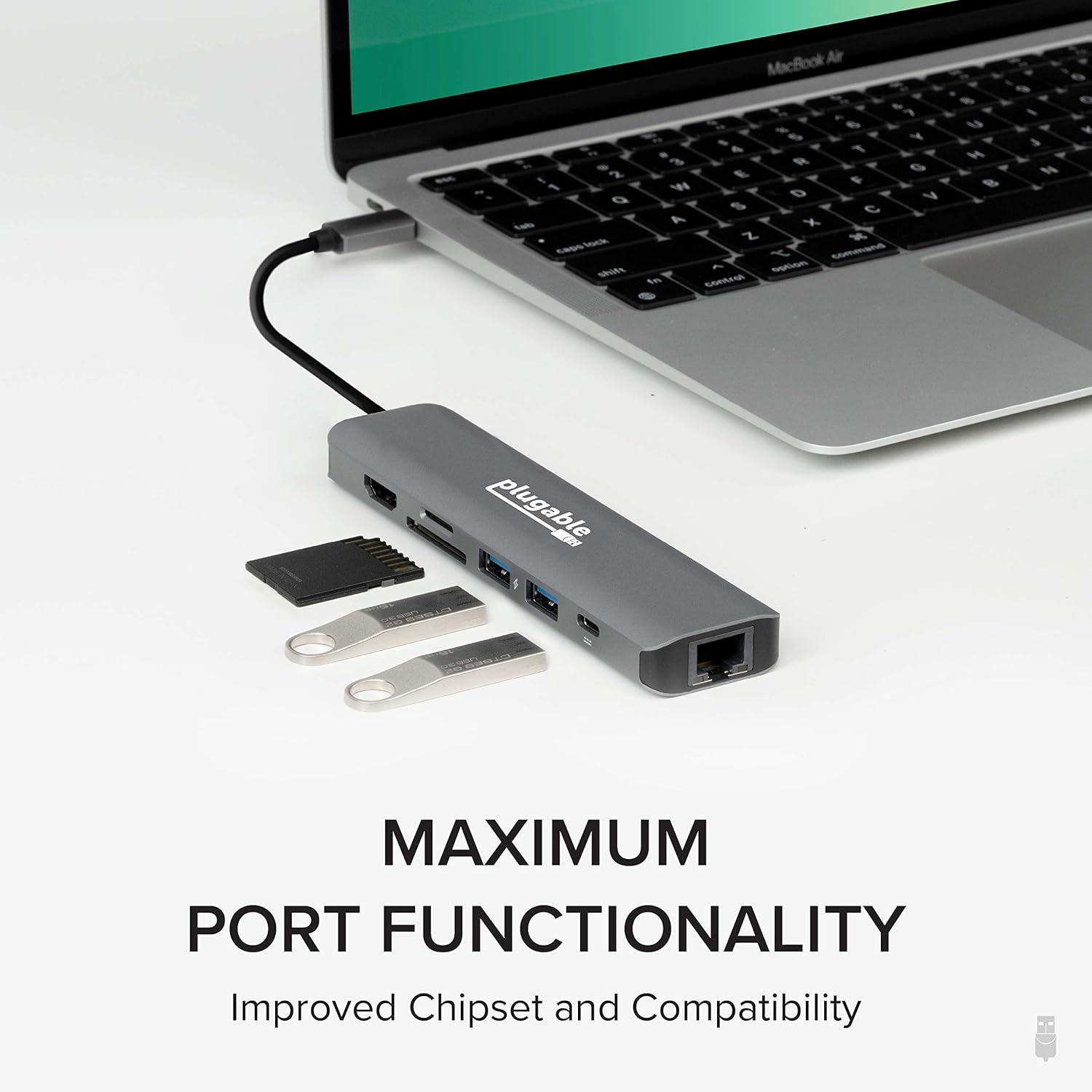 Plugable 7-in-1 USB C Hub Multiport Adapter with Ethernet Driverless Compatibility with Mac, Windows, iPhone 15, Chromebook