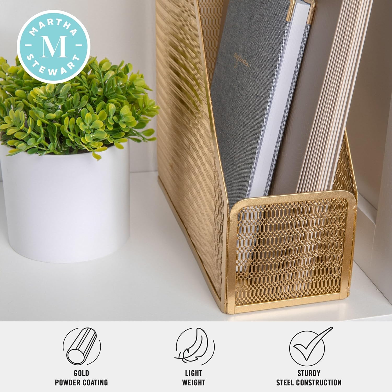 Martha Stewart Ryder Mesh Metal Single-Slot Magazine File Holder Desktop Organizer, 11-1/2inH x 3-3/4inW x 9-3/4inD, Gold