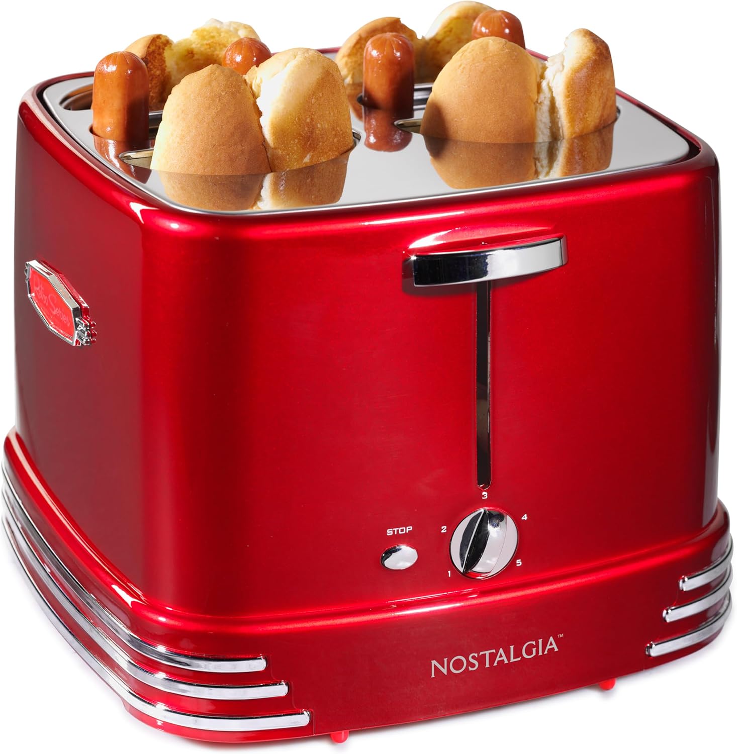 Nostalgia 4 Slot Hot Dog and Bun Toaster with Mini Tongs, Hot Dog Toaster Works with Chicken, Turkey, Veggie Links