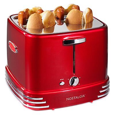 Nostalgia 4 Slot Hot Dog and Bun Toaster with Mini Tongs, Hot Dog Toaster Works with Chicken, Turkey, Veggie Links