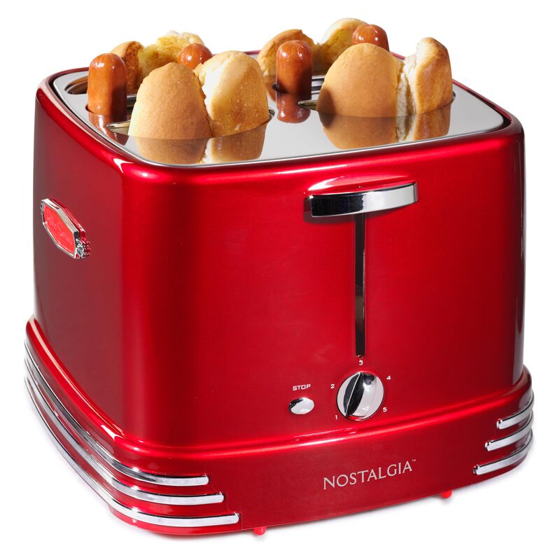 Nostalgia 4 Slot Hot Dog and Bun Toaster with Mini Tongs, Hot Dog Toaster Works with Chicken, Turkey, Veggie Links