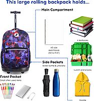 J World New York Sunrise Kids Rolling Backpack for Girls Boys Teen. Roller Bookbag with Wheels, Galaxy, 18"