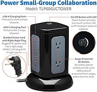 Tripp Lite TLP606UCTOWER Surge Protector Tower with USB Ports, 1800 Joules, 6-Outlets, 3 USB-A + 1 USB-C, 8ft Cord, Desk Accessory Charging Tower, Dorm Essentials, Tower Power Strip with Surge