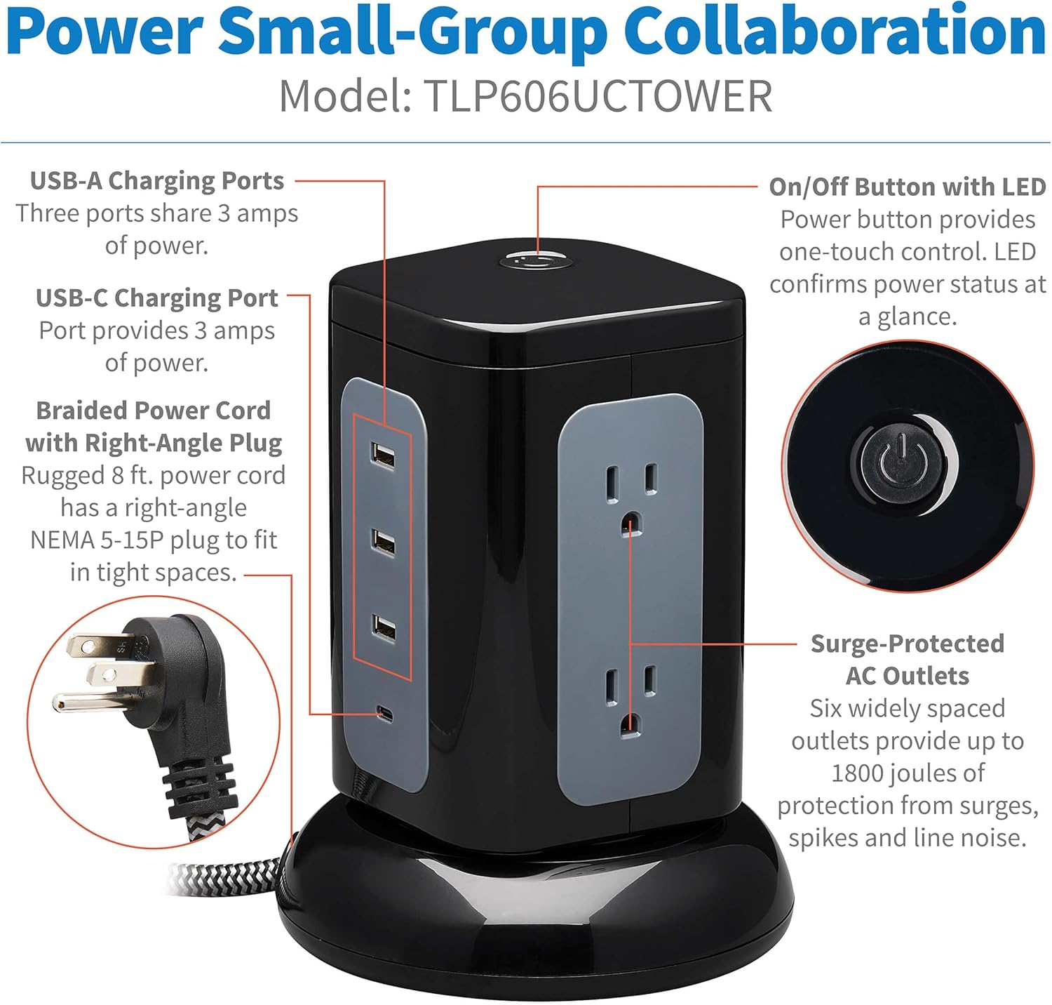 Tripp Lite TLP606UCTOWER Surge Protector Tower with USB Ports, 1800 Joules, 6-Outlets, 3 USB-A + 1 USB-C, 8ft Cord