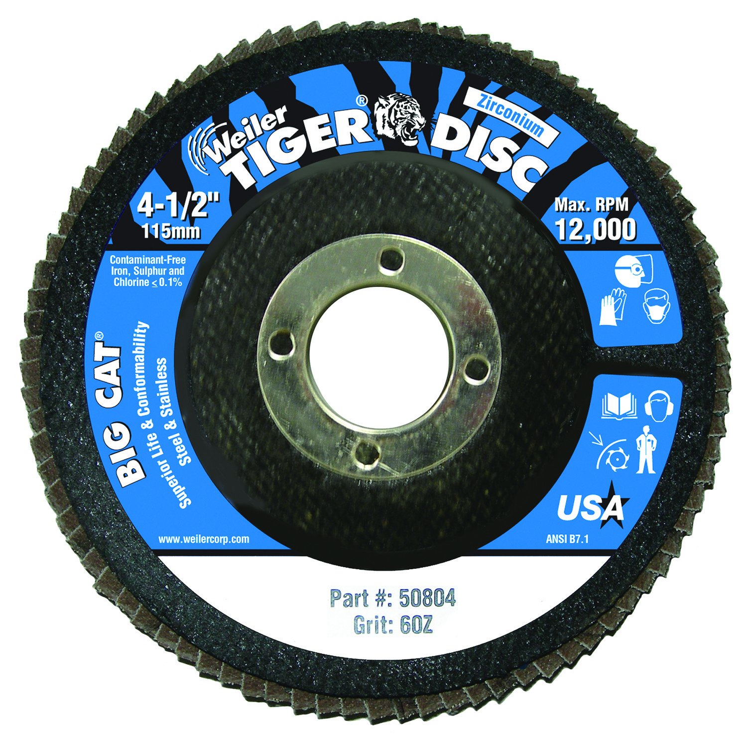 Weiler 804-50804 Big Cat High Density Type 27 Flat Flap Disc, Zirconia Alumina, 4-1/2", 60 Grit, 7/8", 12000 rpm