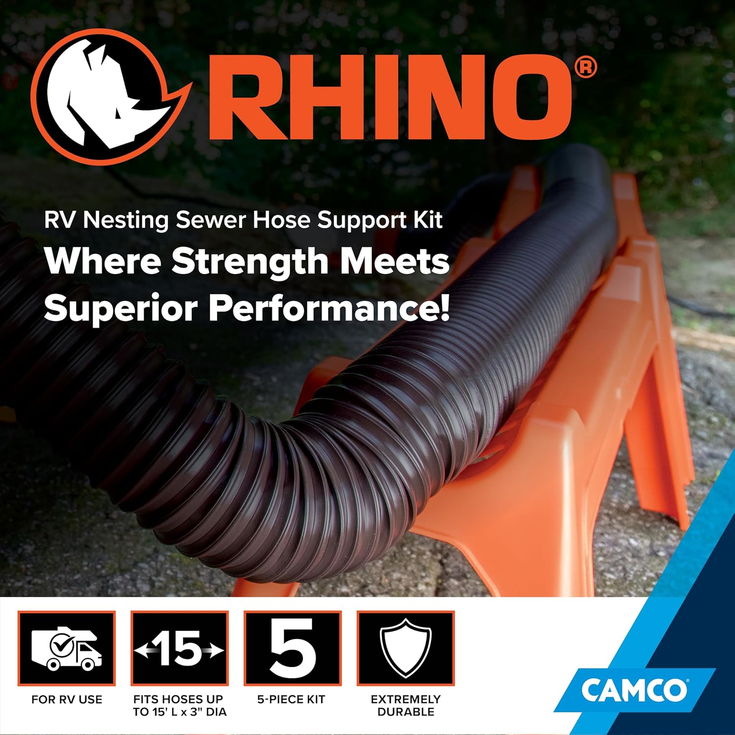Camco Rhino RV Sewer Hose Support Kit - Extends Over Uneven Terrain for Easy Drainage