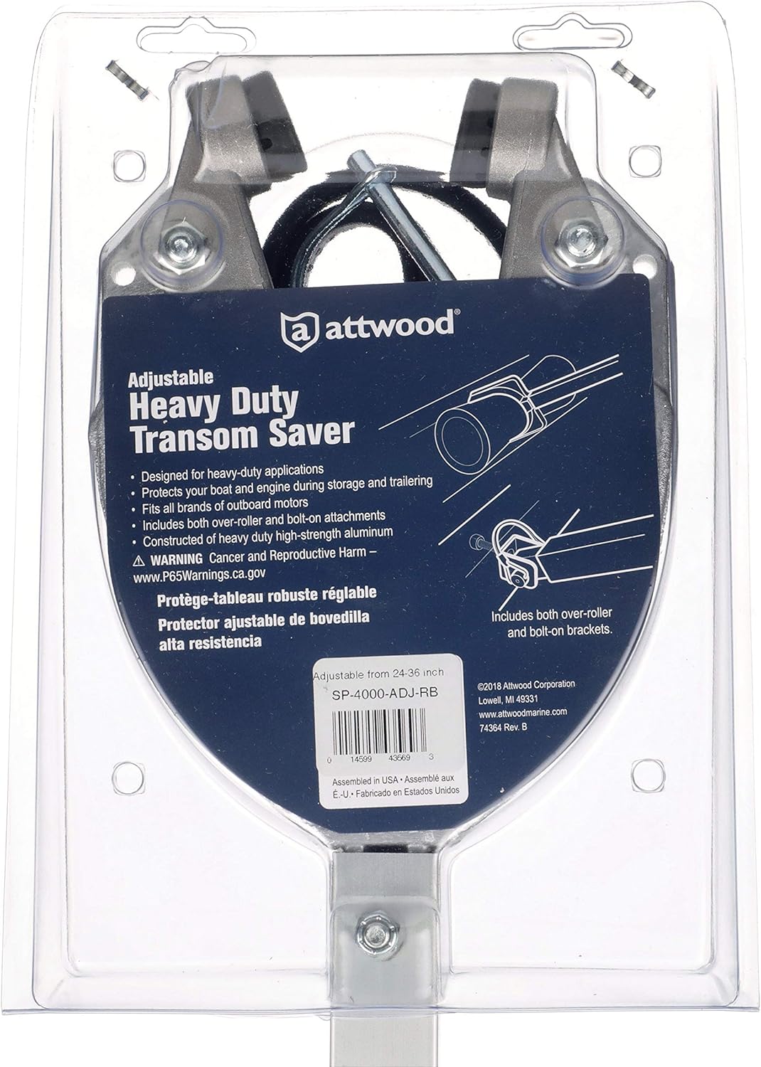 Attwood SP-4000-ADJ-RB Heavy Duty Transom Saver, Adjustable from 24 to 36 Inches, Heavy Duty Head, Roller and Trailer Mounts