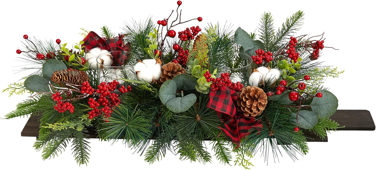 Nearly Natural 24in. Holiday Berries, Pinecones and Eucalyptus Christmas Artificial Arrangement Cutting Board Wall Décor
