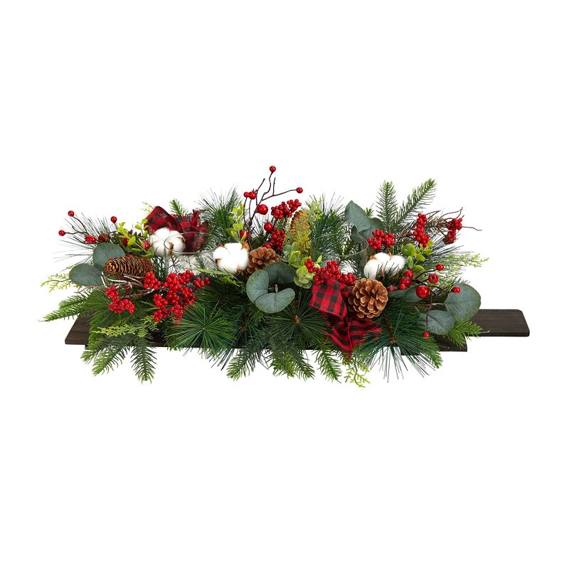 Nearly Natural 24in. Holiday Berries, Pinecones and Eucalyptus Christmas Artificial Arrangement Cutting Board Wall Décor or Table Arrangement
