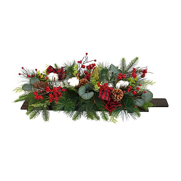 Nearly Natural 24in. Holiday Berries, Pinecones and Eucalyptus Christmas Artificial Arrangement Cutting Board Wall Décor or Table Arrangement