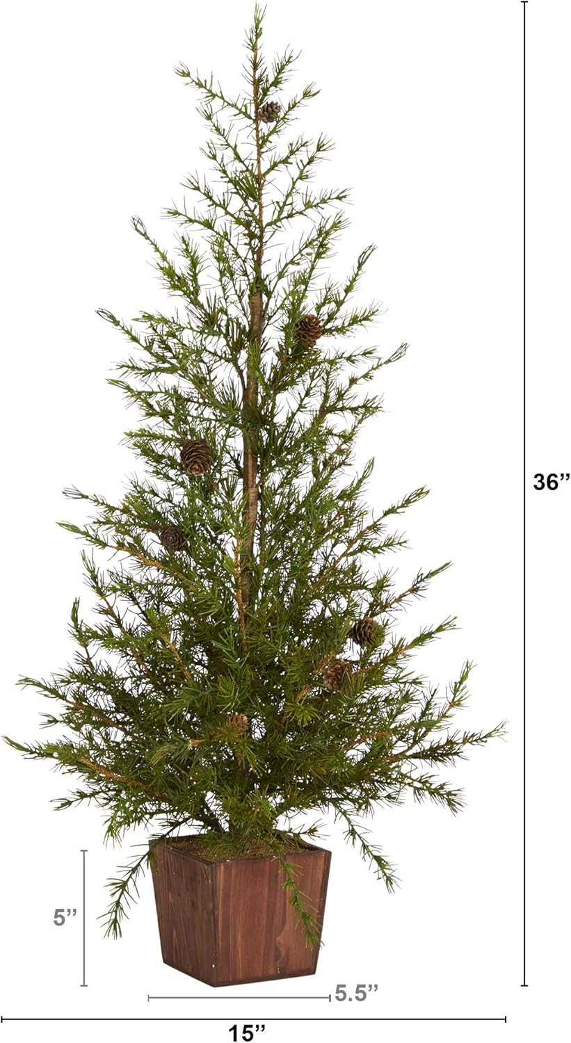 Nearly Natural 3ft. Alpine Natural Look Artificial Christmas Tree in Wood Planter with Pine Cones