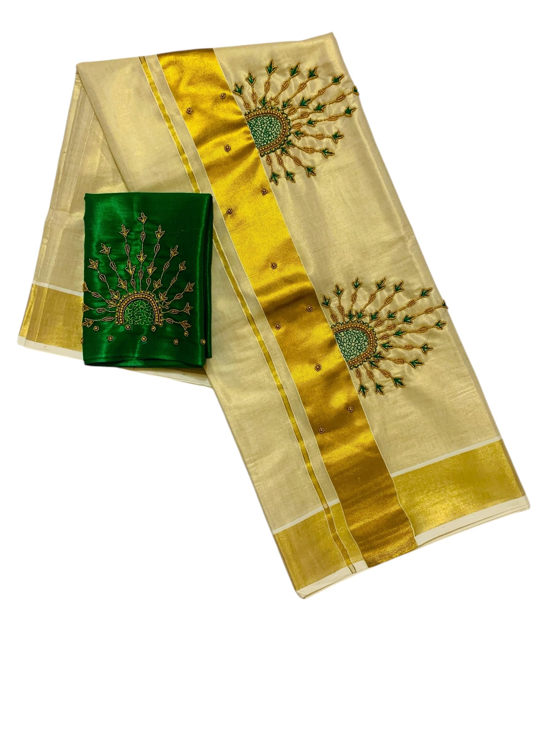 Kuthampully Kerala Kasavu Sarees For Women | Handcrafted Aari work Kerala Sarees | Tissue Onam Saree With Running Blouse | South Indian Sarees | Onam Saree EKM-858 (Green)