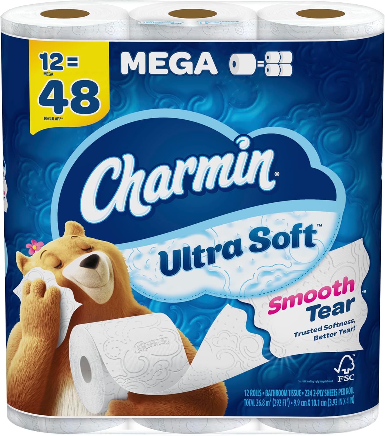 Charmin Ultra-Soft 2-Ply Toilet Paper Mega Rolls, 4in x 4in, White, 224 Sheets Per Roll, Pack Of 12 Rolls