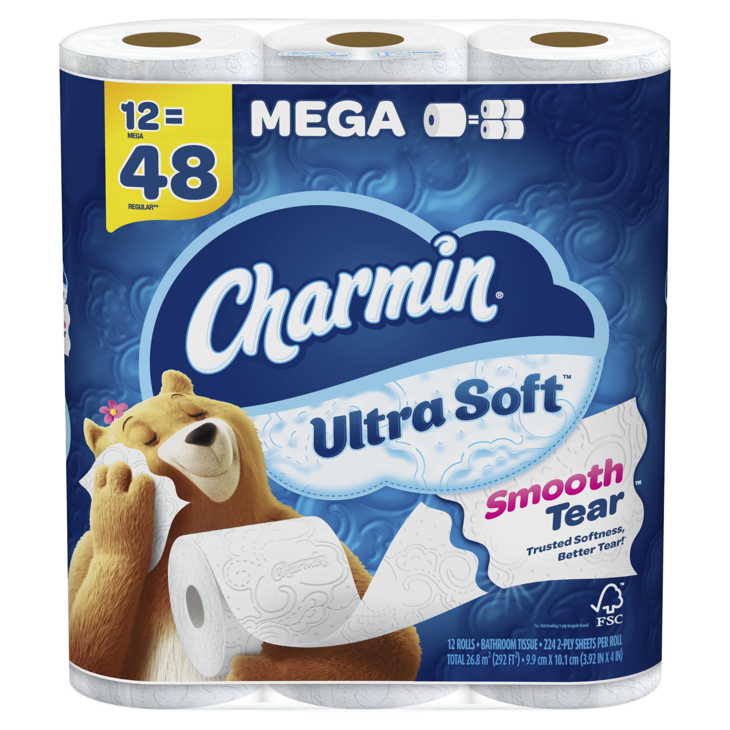 Charmin Ultra-Soft 2-Ply Toilet Paper Mega Rolls, 4in x 4in, White, 224 Sheets Per Roll, Pack Of 12 Rolls