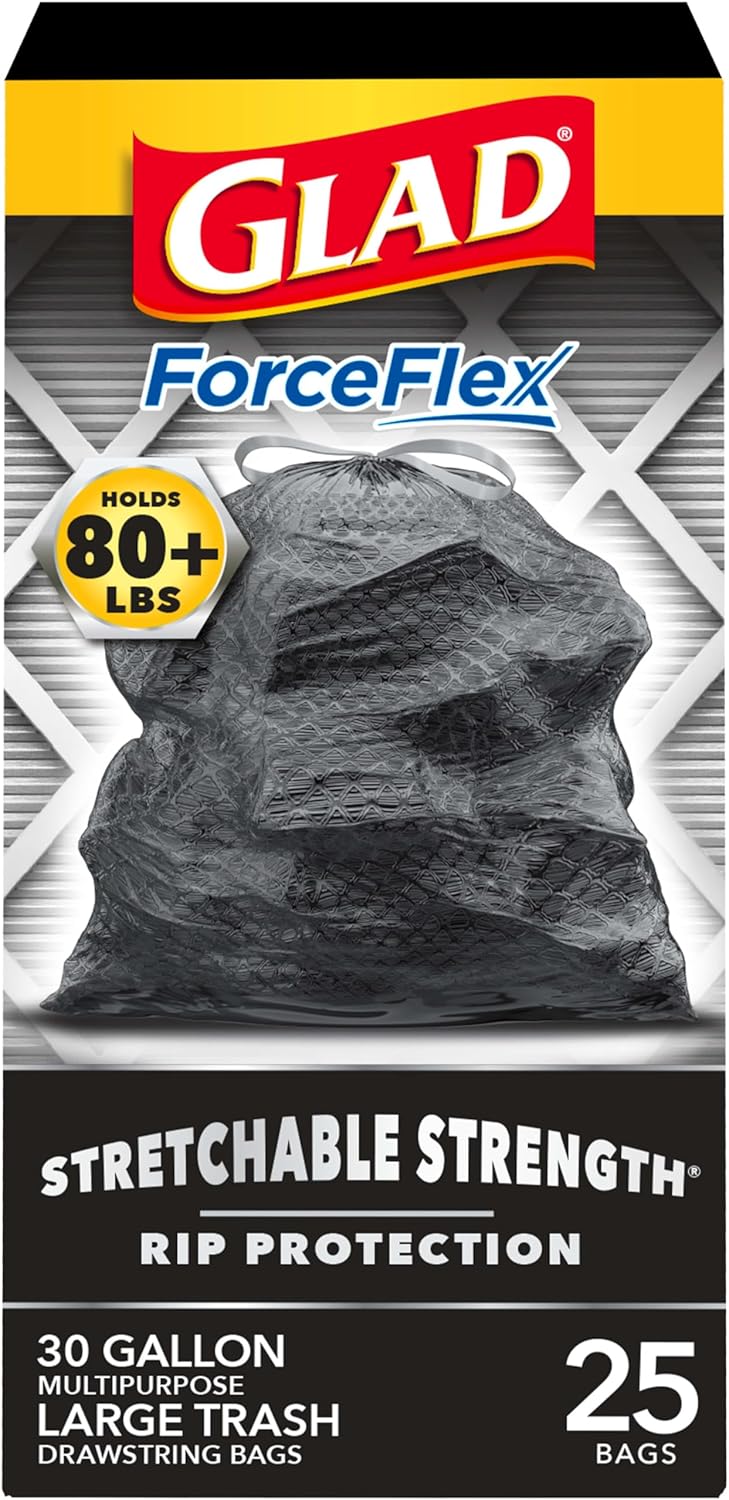 Glad Trash Bags, ForceFlexPlus Black Large Drawstring Garbage Bags, 30 Gal, 25 Ct (Package May Vary) 25 Count (Pack of 1)