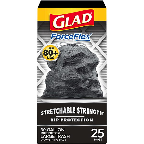 Glad Trash Bags, ForceFlexPlus Black Large Drawstring Garbage Bags, 30 Gal, 25 Ct (Package May Vary) 25 Count (Pack of 1)