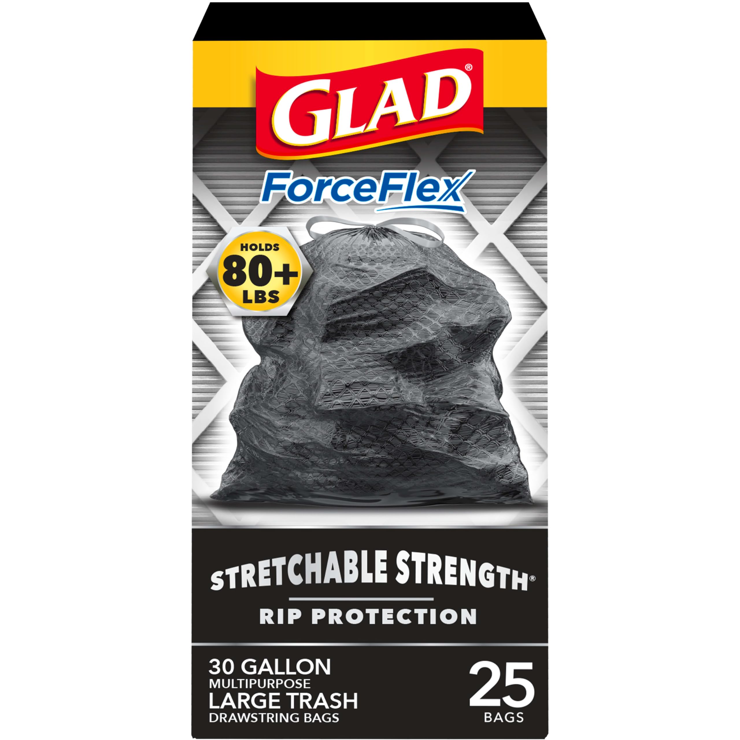 Glad Trash Bags, ForceFlexPlus Black Large Drawstring Garbage Bags, 30 Gal, 25 Ct (Package May Vary) 25 Count (Pack of 1)