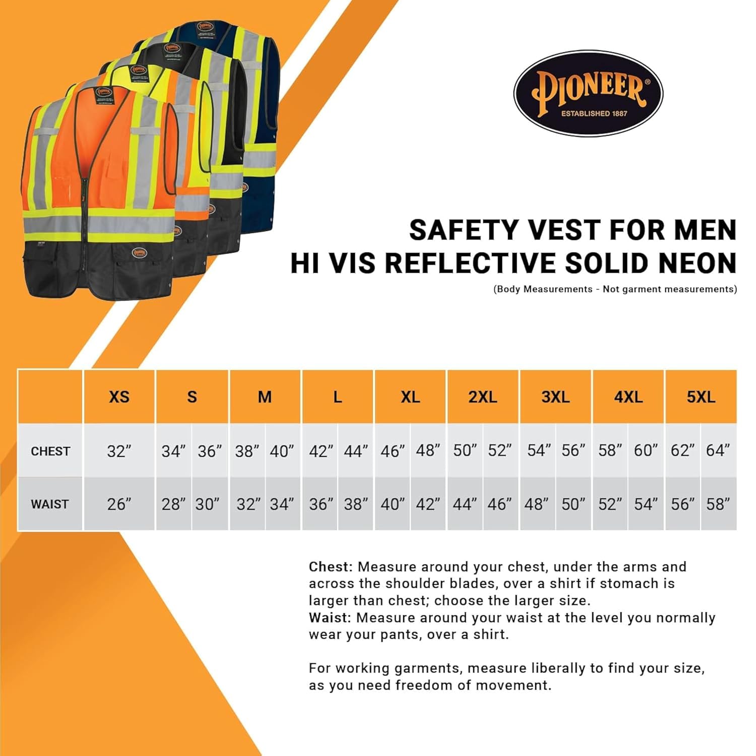 Pioneer Hi-Vis Reflective Safety Vest, Solid Neon, 8 Pockets, Zipper, Adjustable
