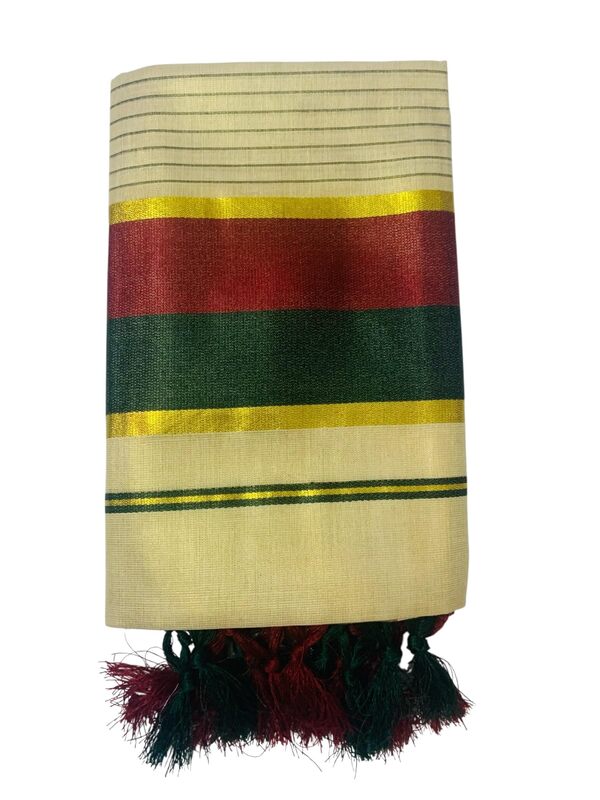 Women's Kuthampully Kerala Kasavu Set mundu Tissue with Kunjam | Kerala Tissue set mundu latest collections | Kuthampully Stripe Kasavu set mundu - Multi color KTM-902 (Dark Green)