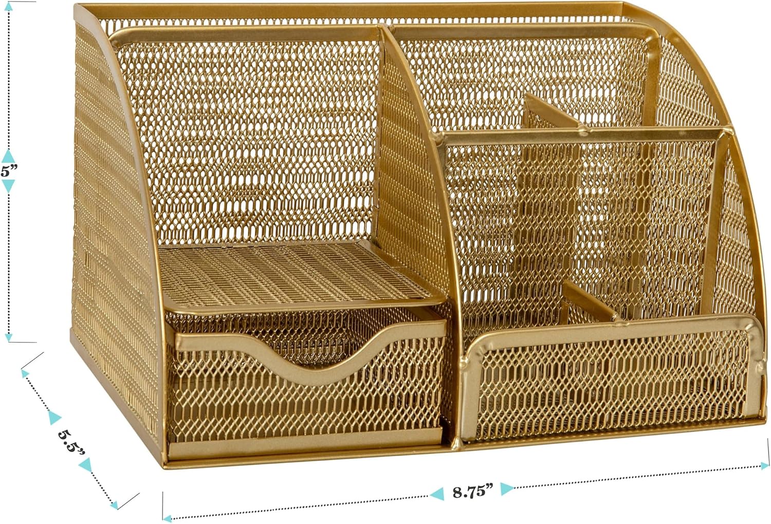 Martha Stewart Ryder Mesh Metal Small Desktop Organizer With Pen Holder And Drawer, 5inH x 8-3/4inW x 5-1/2inD, Gold