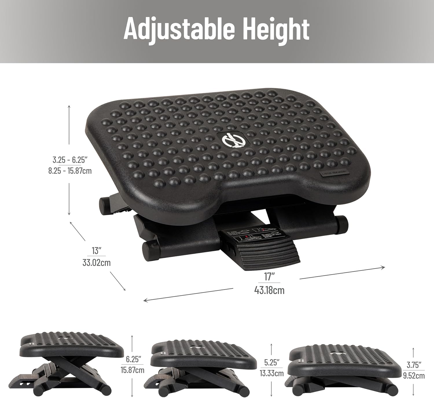 Mind Reader Foot Rest, Under Desk at Work, Ergonomic, Height Adjustable, Office, Plastic, 17" L x 13" W x 6.25" H, Set of 2