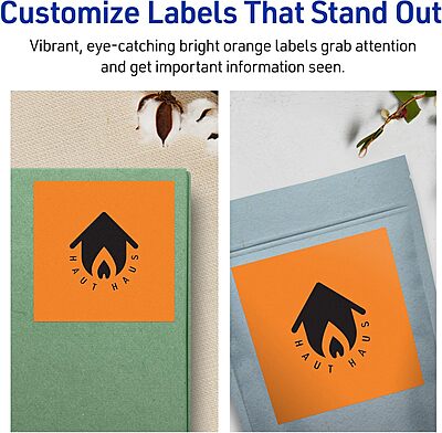 Avery Printable Square Labels, Sure Feed Technology, 4" x 4", Bright Orange